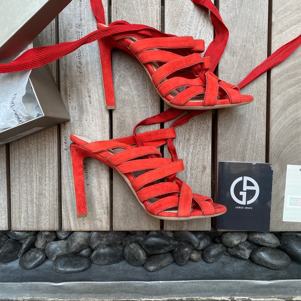 GIORGIO ARMANI Red Sandals w Heel & Braided Laces - Picture 2 of 13